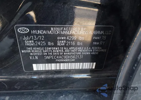 2013 Hyundai Sonata Se z USA, uszkodzony, nr VIN 5NPEC4AC9DH562131